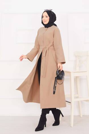 Seyyar Kuşaklı Düğmeli Kaşe Kaban Vizon - Thumbnail