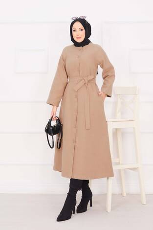 Seyyar Kuşaklı Düğmeli Kaşe Kaban Vizon - Thumbnail