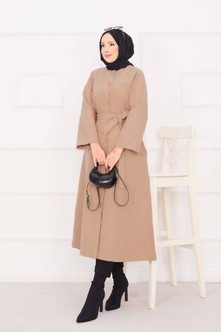 Seyyar Kuşaklı Düğmeli Kaşe Kaban Vizon - Thumbnail