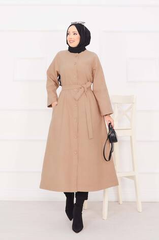 Seyyar Kuşaklı Düğmeli Kaşe Kaban Vizon - Thumbnail