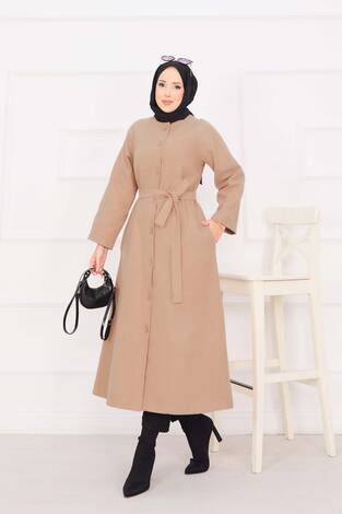 Seyyar Kuşaklı Düğmeli Kaşe Kaban Vizon - Thumbnail