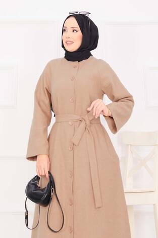 Seyyar Kuşaklı Düğmeli Kaşe Kaban Vizon - Thumbnail