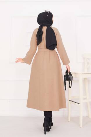 Seyyar Kuşaklı Düğmeli Kaşe Kaban Vizon - Thumbnail