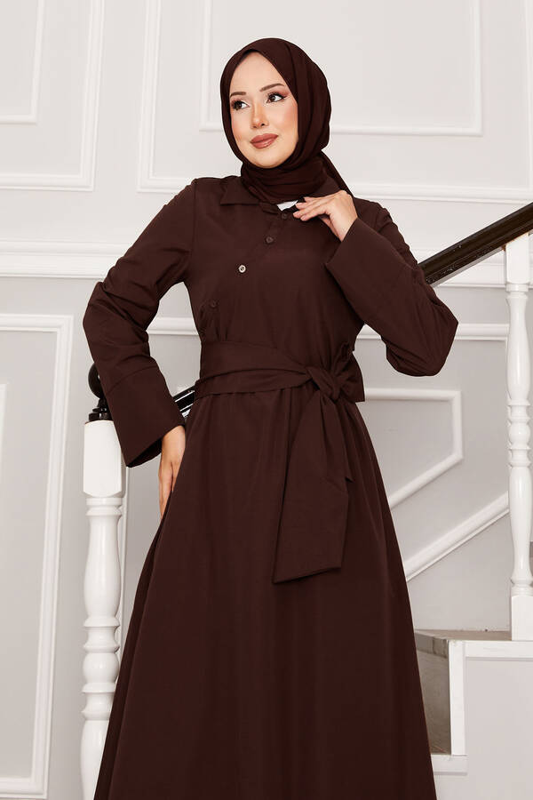Efl - Seyyar Kuşaklı Gömlek Yakalı Elbise Kahve (1) Efl - Seyyar Kuşaklı Gömlek Yakalı Elbise Kahve (1)