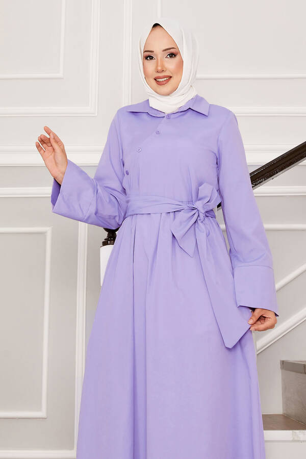 Efl - Seyyar Kuşaklı Gömlek Yakalı Elbise Lila (1) Efl - Seyyar Kuşaklı Gömlek Yakalı Elbise Lila (1)