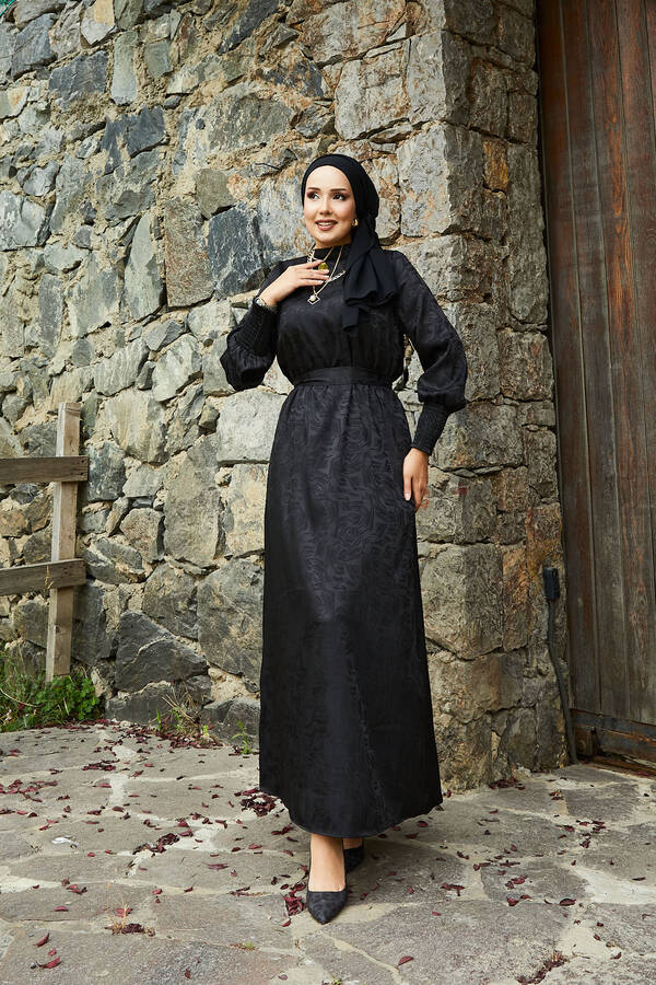 Seyyar Kuşaklı Kolları Gipeli Jakar Elbise Siyah - 3
