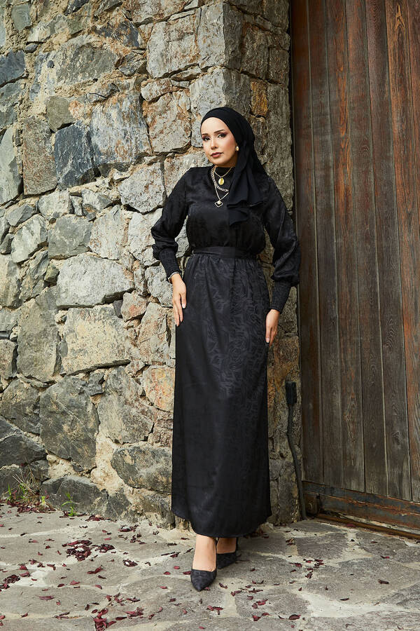 Seyyar Kuşaklı Kolları Gipeli Jakar Elbise Siyah - 4
