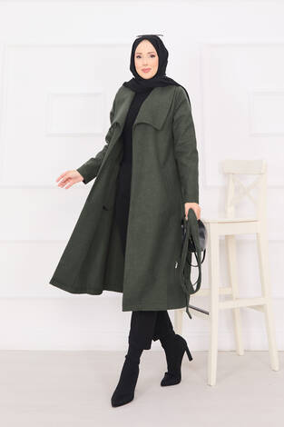 Seyyar Kuşaklı Şal Yaka Kaşe Kaban Haki - Thumbnail