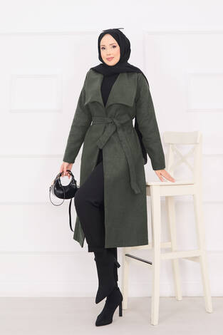 Seyyar Kuşaklı Şal Yaka Kaşe Kaban Haki - Thumbnail