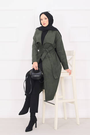 Seyyar Kuşaklı Şal Yaka Kaşe Kaban Haki - Thumbnail