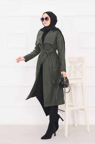 Seyyar Kuşaklı Şal Yaka Kaşe Kaban Haki - Thumbnail