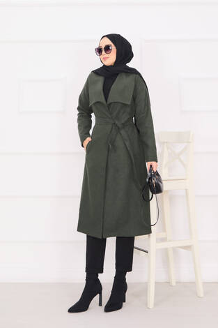 Seyyar Kuşaklı Şal Yaka Kaşe Kaban Haki - Thumbnail