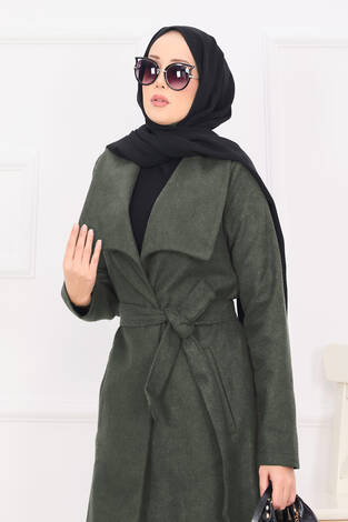 Seyyar Kuşaklı Şal Yaka Kaşe Kaban Haki - Thumbnail