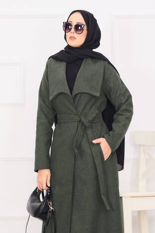 Seyyar Kuşaklı Şal Yaka Kaşe Kaban Haki - Thumbnail
