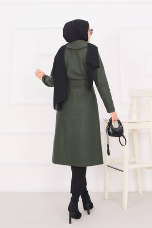 Seyyar Kuşaklı Şal Yaka Kaşe Kaban Haki - Thumbnail