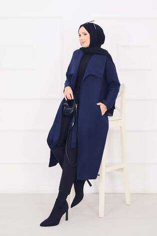 Seyyar Kuşaklı Şal Yaka Kaşe Kaban Lacivert - Thumbnail