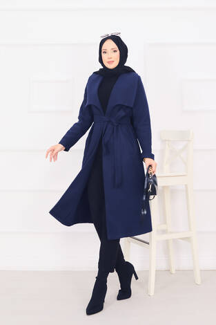 Seyyar Kuşaklı Şal Yaka Kaşe Kaban Lacivert - Thumbnail