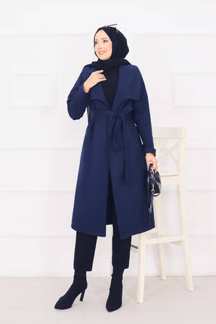 Seyyar Kuşaklı Şal Yaka Kaşe Kaban Lacivert - Thumbnail
