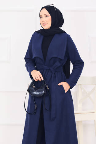Seyyar Kuşaklı Şal Yaka Kaşe Kaban Lacivert - Thumbnail