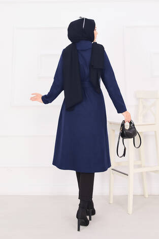 Seyyar Kuşaklı Şal Yaka Kaşe Kaban Lacivert - Thumbnail