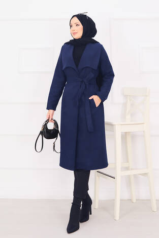 Seyyar Kuşaklı Şal Yaka Kaşe Kaban Lacivert - Thumbnail