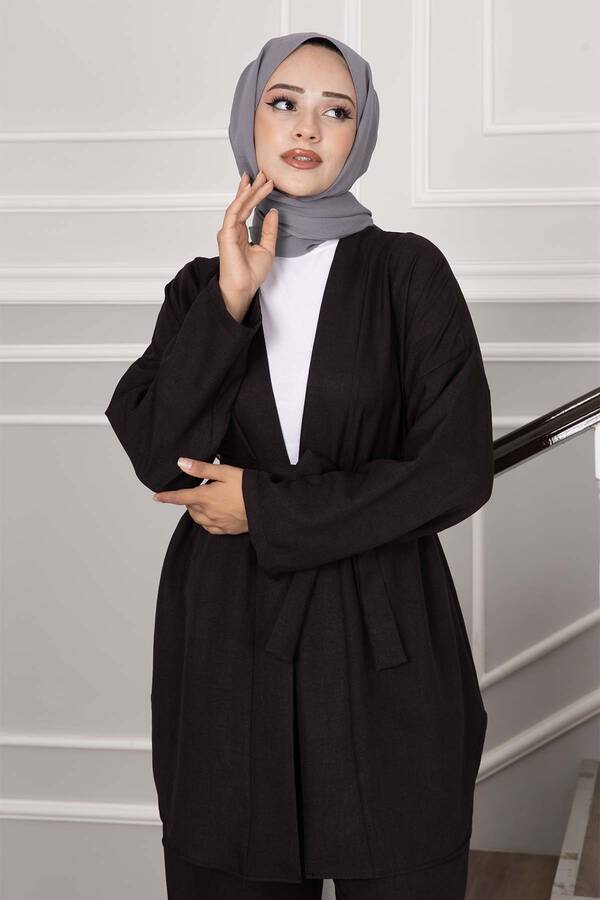 MD - Seyyar Kuşaklı Tesettür Kimono Takım Siyah (1)
