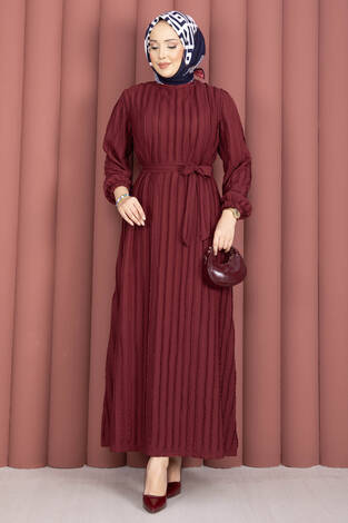 Seyyar Kuşaklı Zaranur Elbise Bordo - Thumbnail