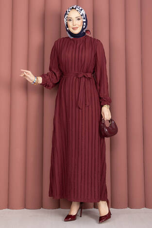 Seyyar Kuşaklı Zaranur Elbise Bordo - Thumbnail