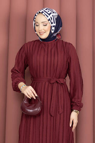 Seyyar Kuşaklı Zaranur Elbise Bordo - Thumbnail