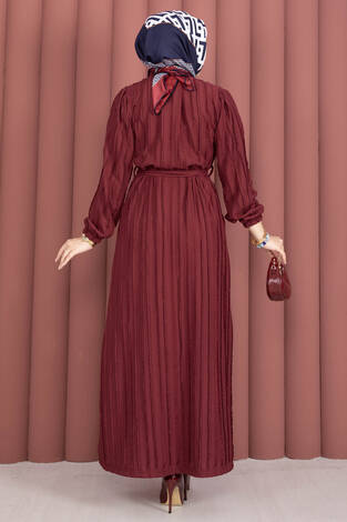 Seyyar Kuşaklı Zaranur Elbise Bordo - Thumbnail