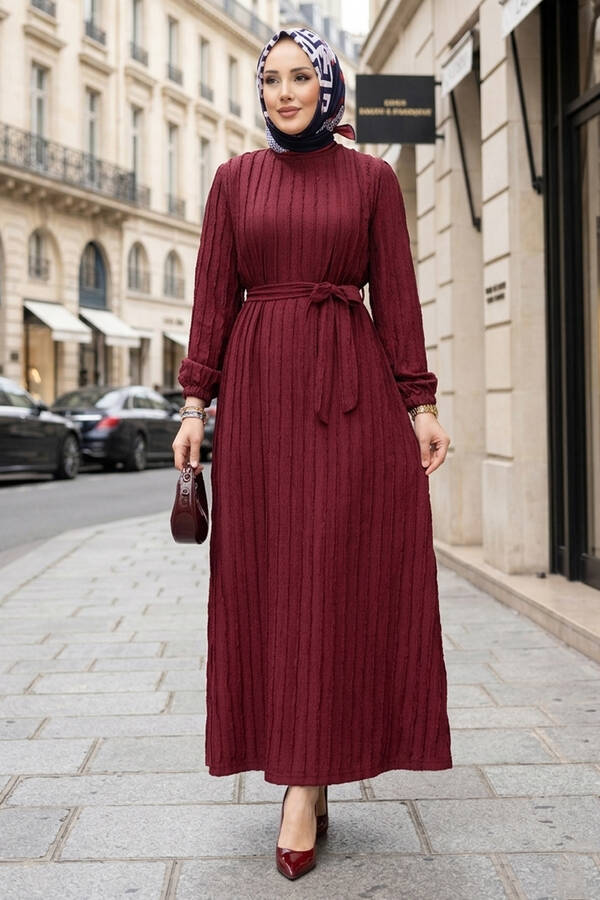 Tkm - Seyyar Kuşaklı Zaranur Elbise Bordo