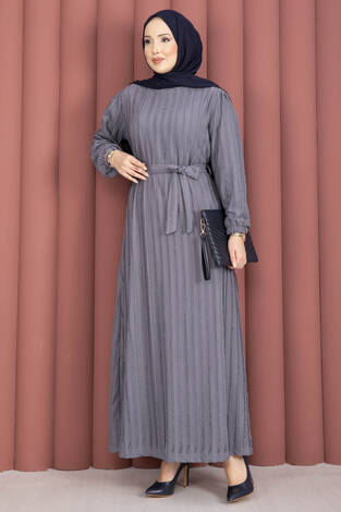 Seyyar Kuşaklı Zaranur Elbise Gri