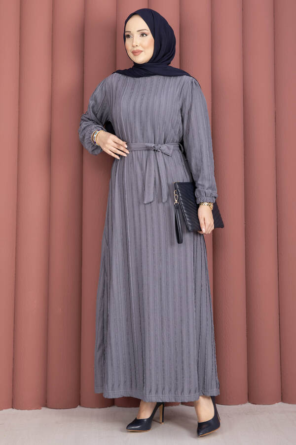 Tkm - Seyyar Kuşaklı Zaranur Elbise Gri
