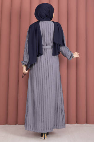 Seyyar Kuşaklı Zaranur Elbise Gri - Thumbnail