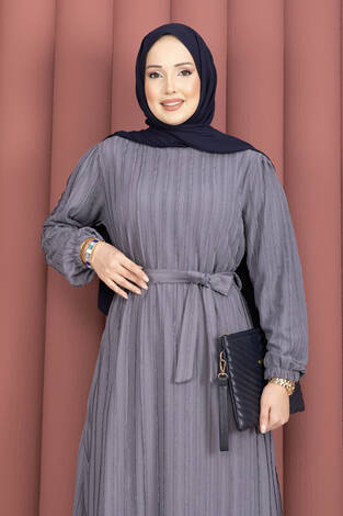 Seyyar Kuşaklı Zaranur Elbise Gri - Thumbnail