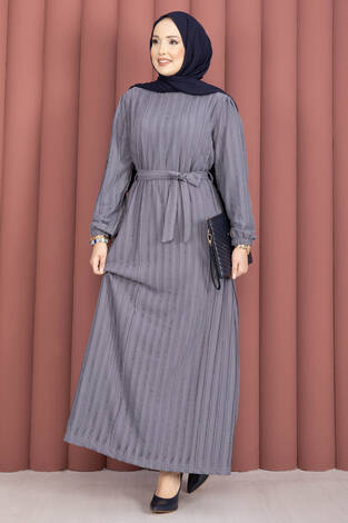 Seyyar Kuşaklı Zaranur Elbise Gri - Thumbnail