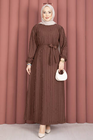 Seyyar Kuşaklı Zaranur Elbise Kahve - Thumbnail