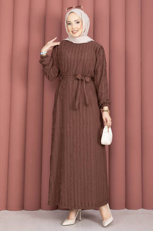 Seyyar Kuşaklı Zaranur Elbise Kahve - Thumbnail