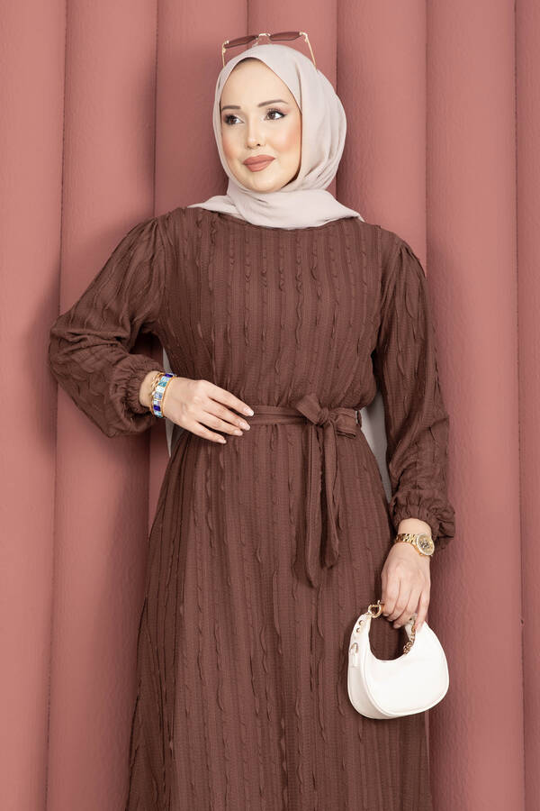 Tkm - Seyyar Kuşaklı Zaranur Elbise Kahve (1)