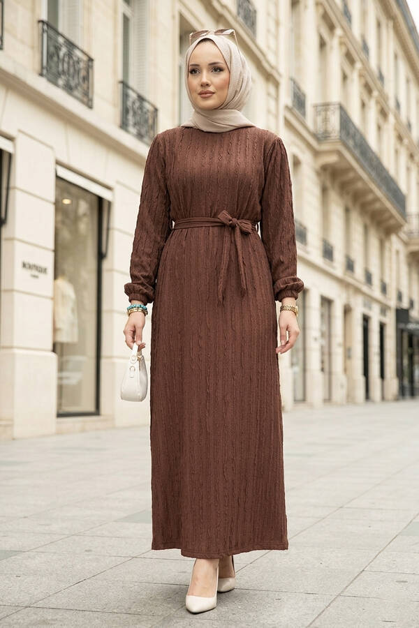 Tkm - Seyyar Kuşaklı Zaranur Elbise Kahve