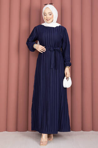 Seyyar Kuşaklı Zaranur Elbise Lacivert - Thumbnail