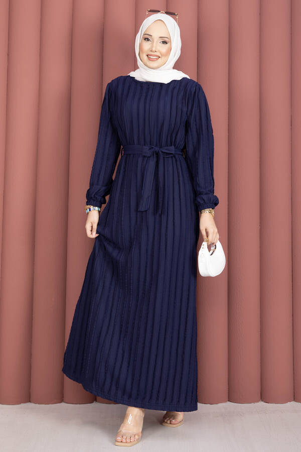 Tkm - Seyyar Kuşaklı Zaranur Elbise Lacivert