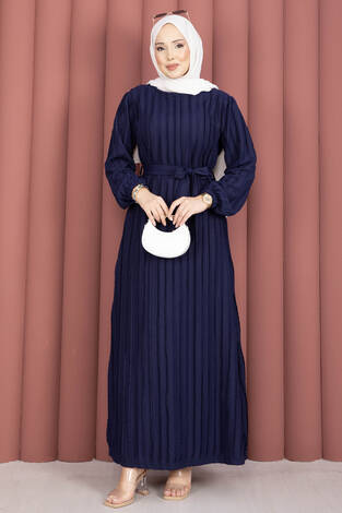 Seyyar Kuşaklı Zaranur Elbise Lacivert - Thumbnail