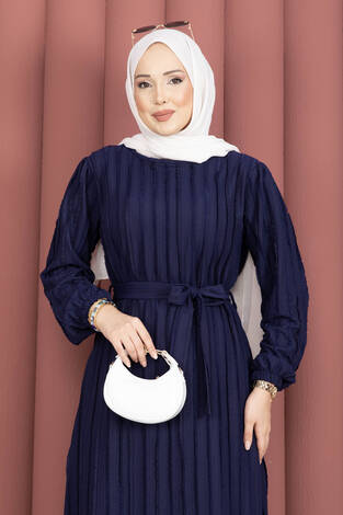Seyyar Kuşaklı Zaranur Elbise Lacivert - Thumbnail