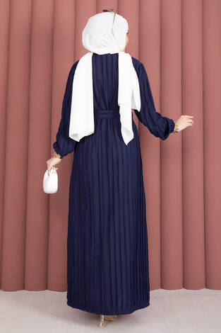 Seyyar Kuşaklı Zaranur Elbise Lacivert - Thumbnail