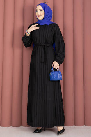 Seyyar Kuşaklı Zaranur Elbise Siyah - Thumbnail