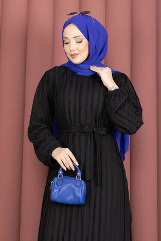 Seyyar Kuşaklı Zaranur Elbise Siyah - Thumbnail