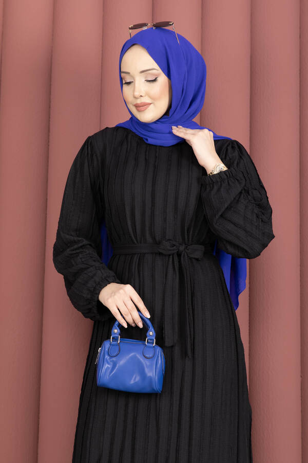 Tkm - Seyyar Kuşaklı Zaranur Elbise Siyah (1)