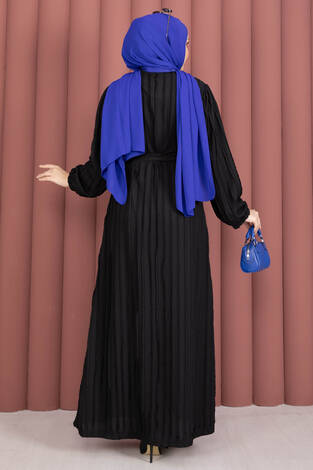 Seyyar Kuşaklı Zaranur Elbise Siyah - Thumbnail