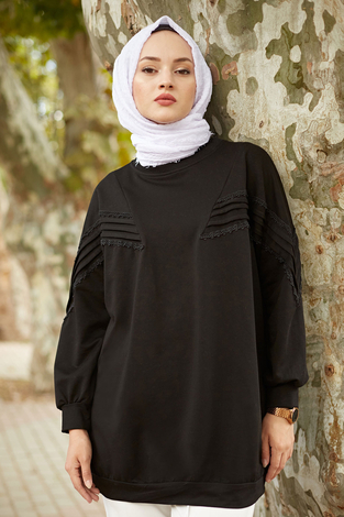 SAG Dantel Detaylı Spor Tunik 6131-1 Siyah - Thumbnail